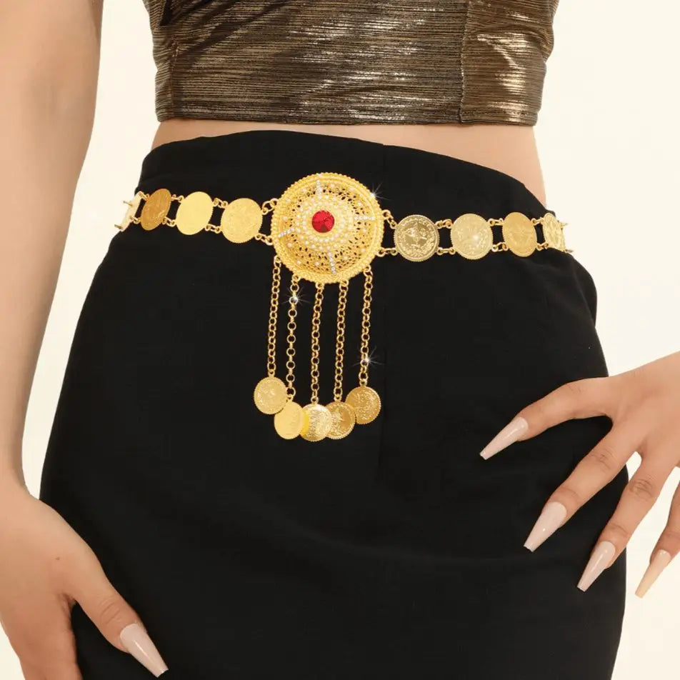 Gold coin belt with red center from the Gold Coin and Jewel Accented Belly Chain with Medallion collection