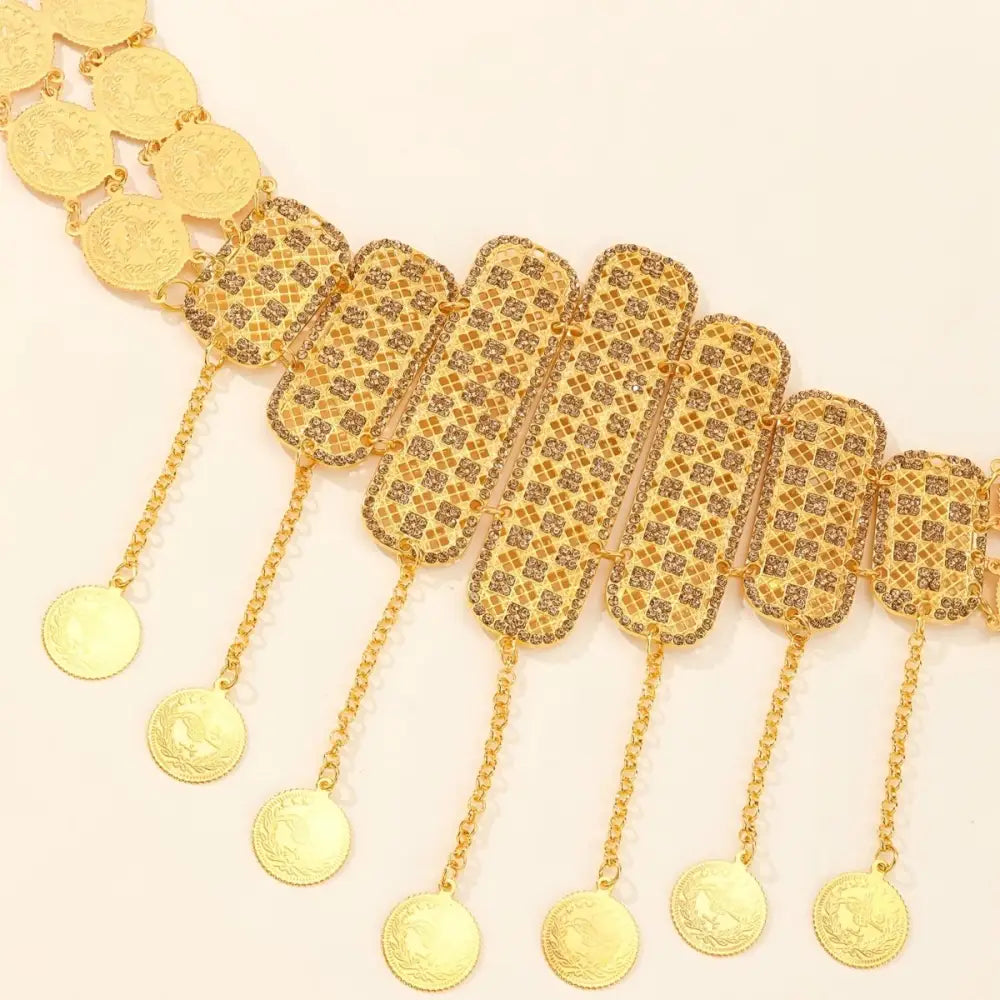 Gold-toned coin and patterned link Moroccan belt for stylish accessory enhancement