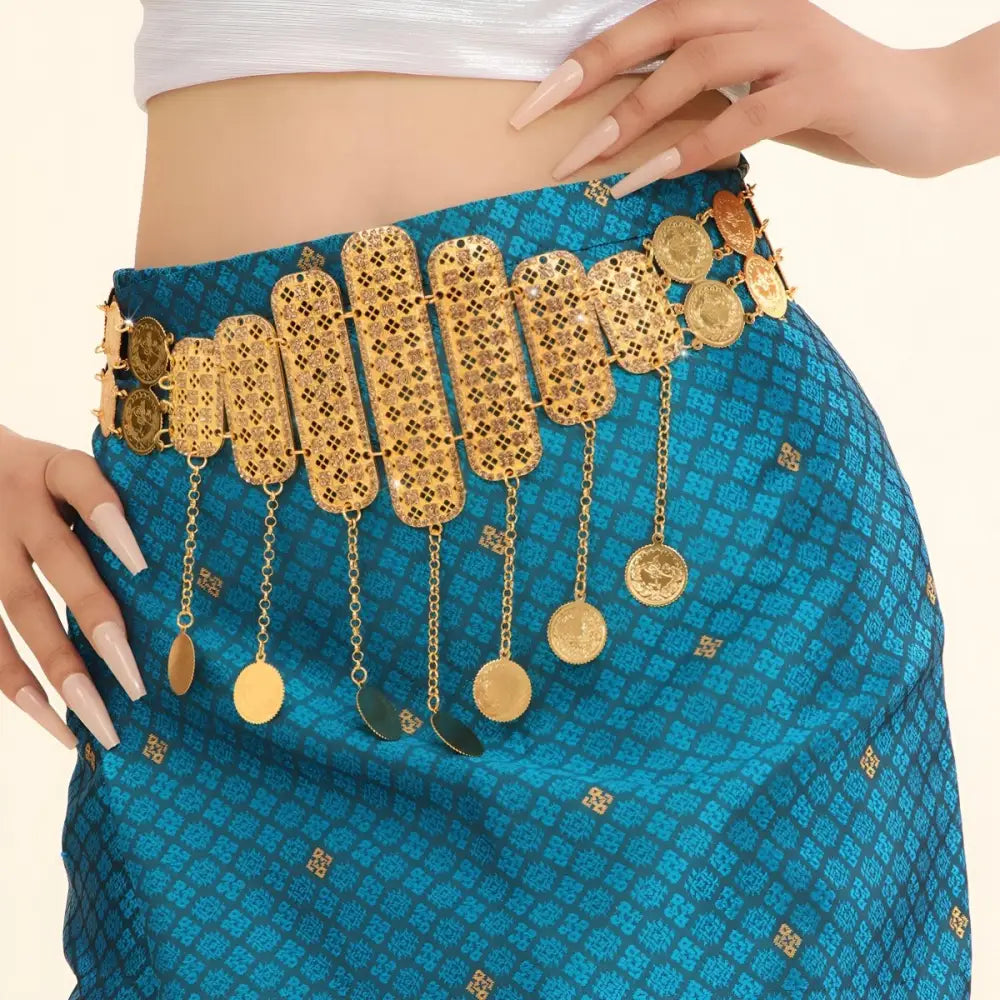 Gold coin and patterned link Moroccan belt showcasing intricate design and craftsmanship