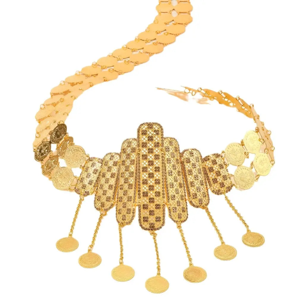 Gold coin and patterned link belt from the elegant Moroccan belt collection