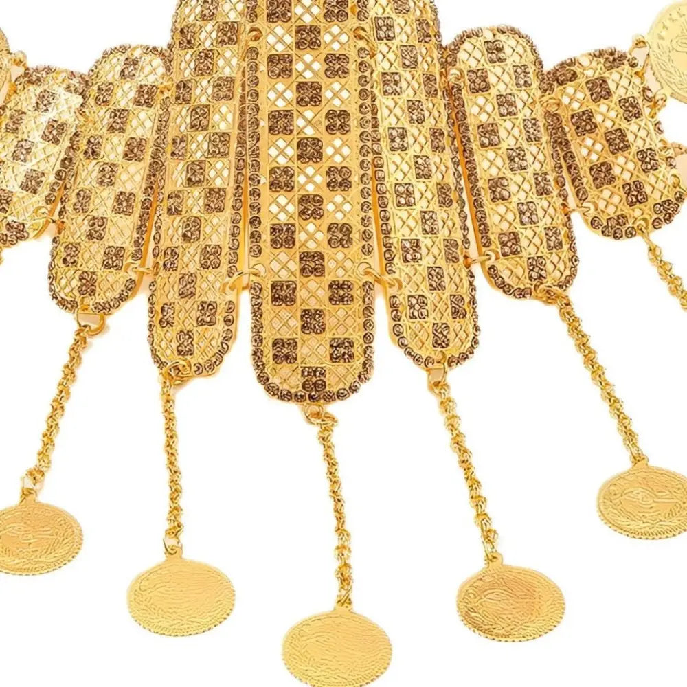 Ornate gold-toned coin necklace supporting Moroccan belt fashion accessory display