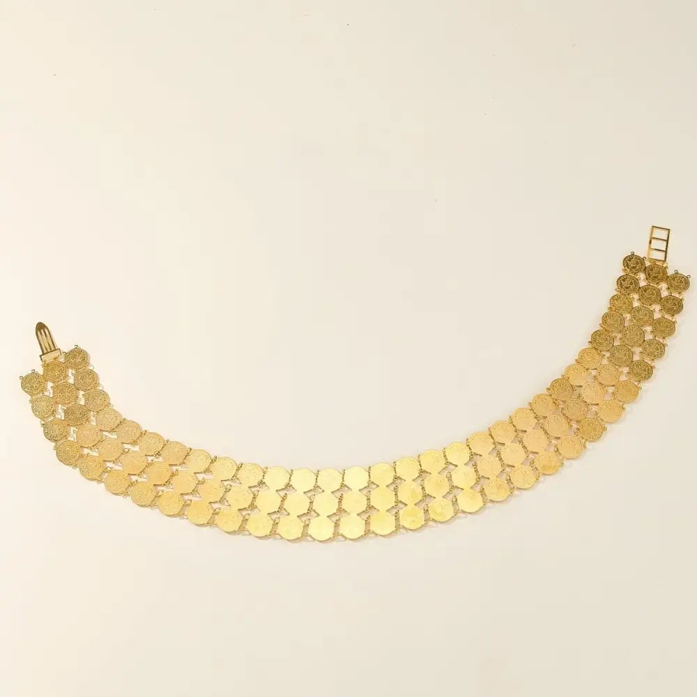 Gold-toned coin bracelet from the Gold Coin Belt and Bracelet Set on display