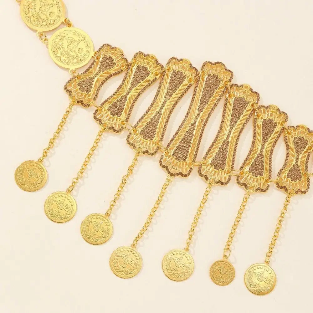 Gold-toned coin belt with dangling medallions, ideal as a stylish Moroccan belt accessory