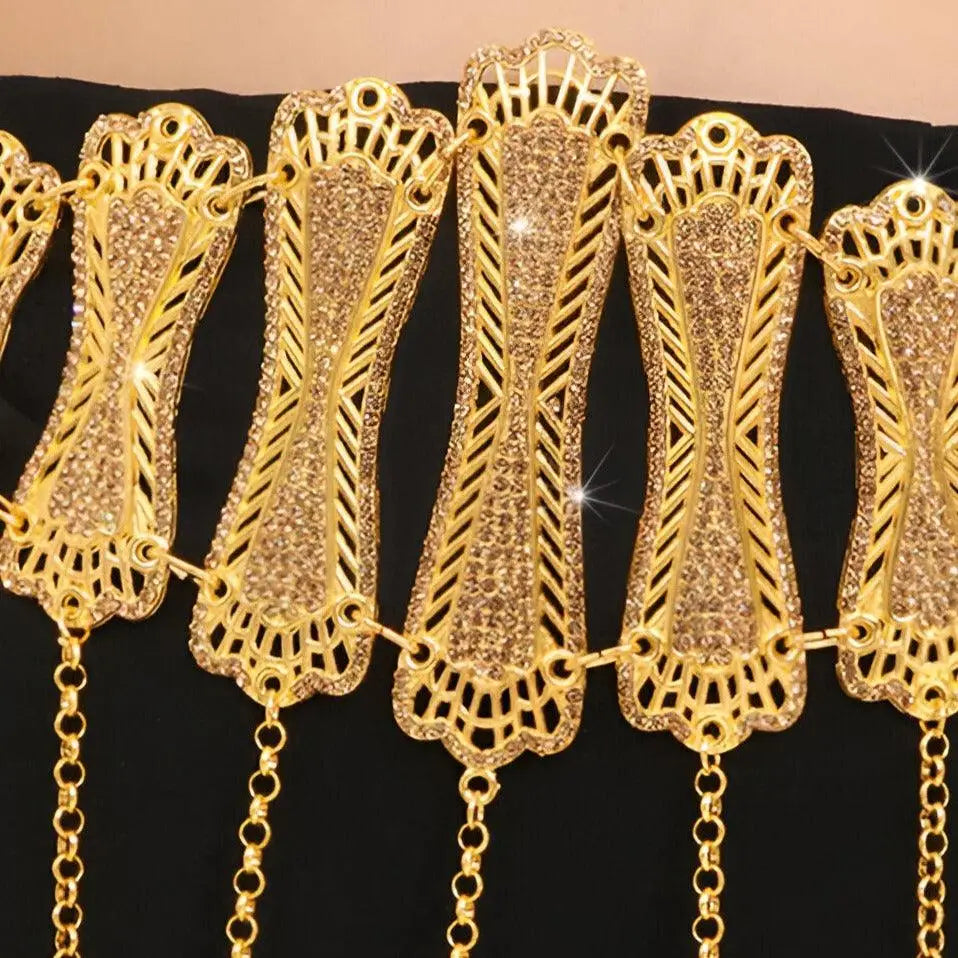 Ornate gold-toned jeweled Moroccan belt with dangling medallions for elegant style
