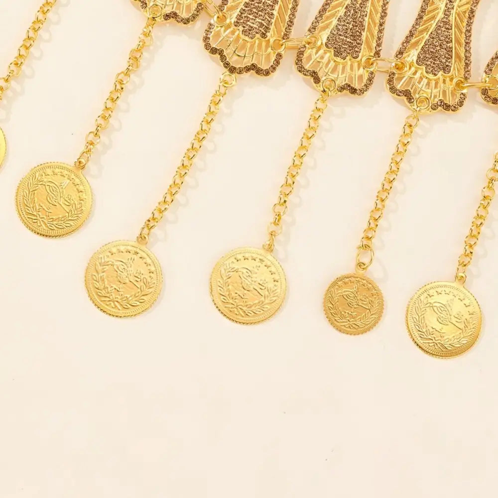Gold coin adorned Moroccan belt with dangling medallions for stylish belly chain