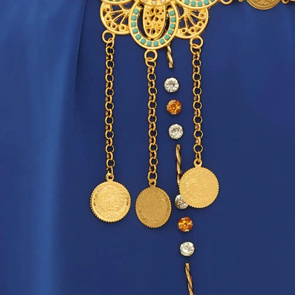 Ornate Gold Coin Belt with Floral Centerpiece featuring dangling coins and colorful gems