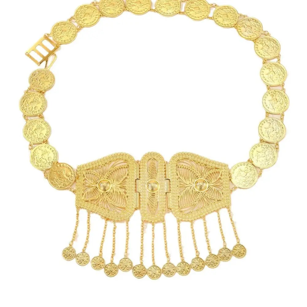 Gold coin belt with ornate filigree buckle, traditional Moroccan belt accessory