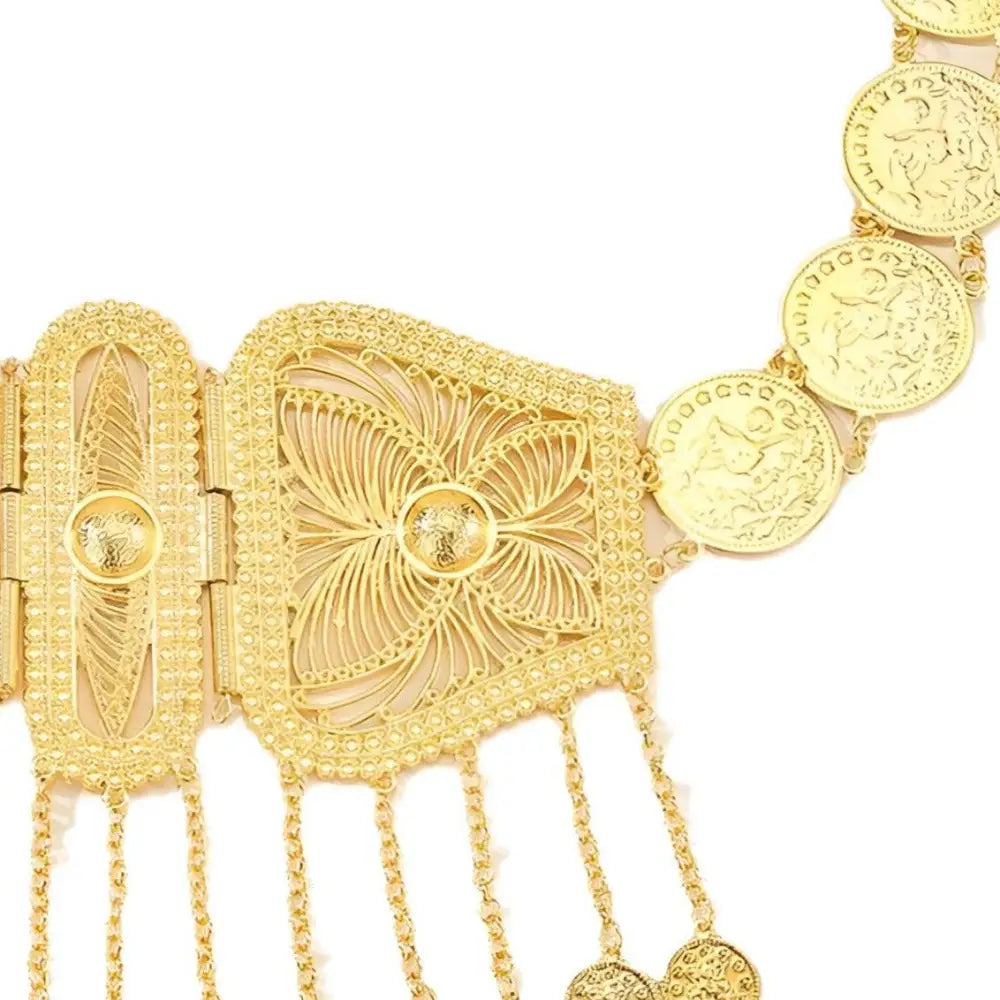 Ornate gold belt with coin accents featured on a Moroccan belt for elegant style