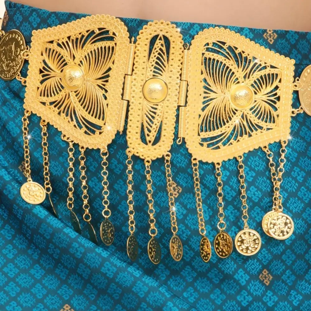 Ornate gold belt with dangling coins, Moroccan Belt with intricate filigree buckle