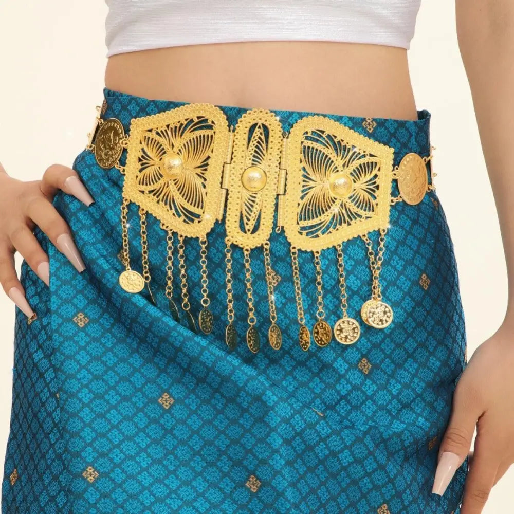 Gold ornate belt featuring intricate filigree buckle in Moroccan belt style