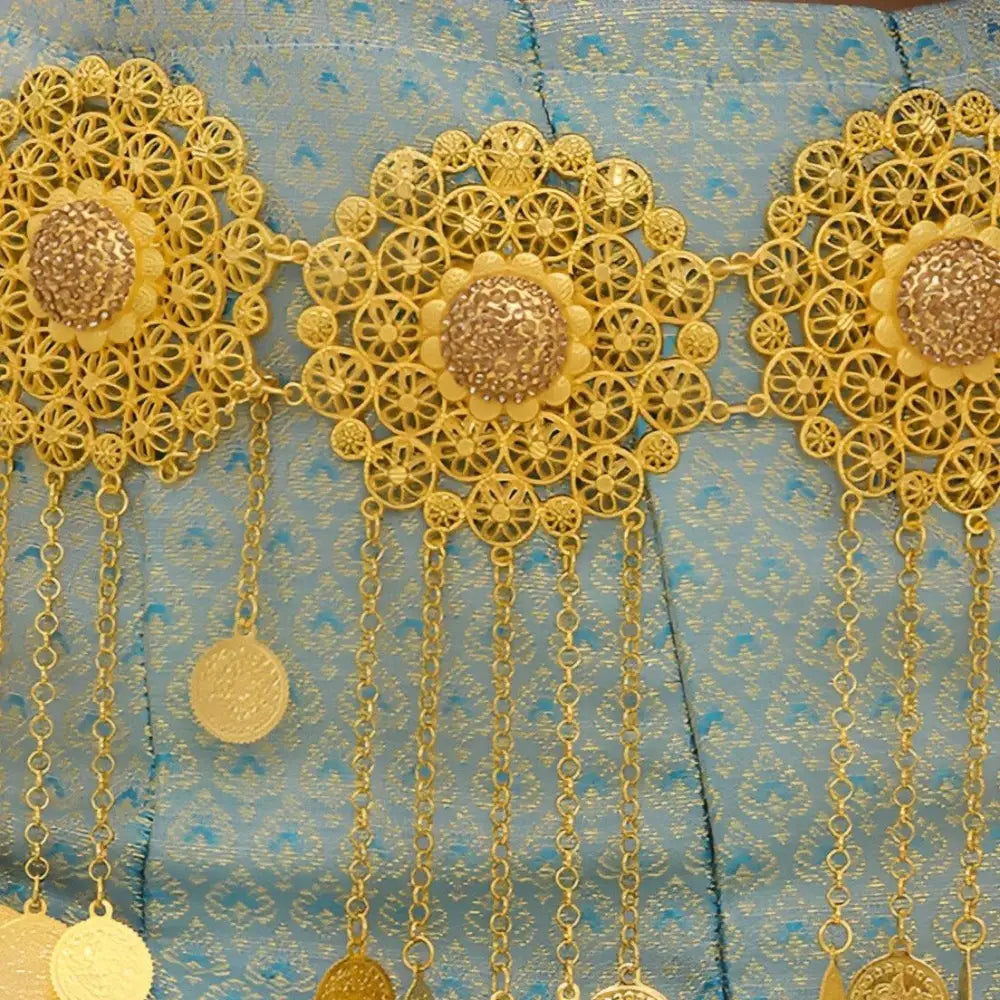Ornate gold filigree belt with coin dangles and floral medallion design