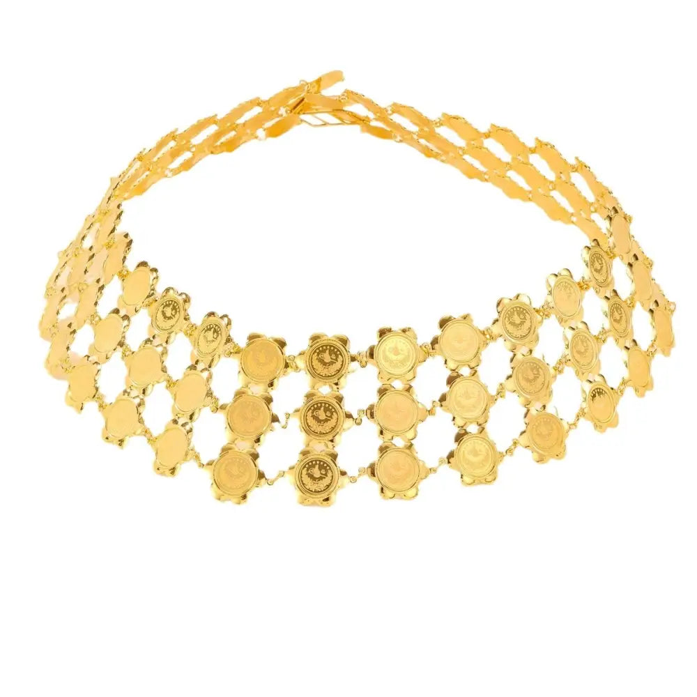 Gold coin choker necklace featured in a Gold Floral Medallion Chain and Moroccan belt