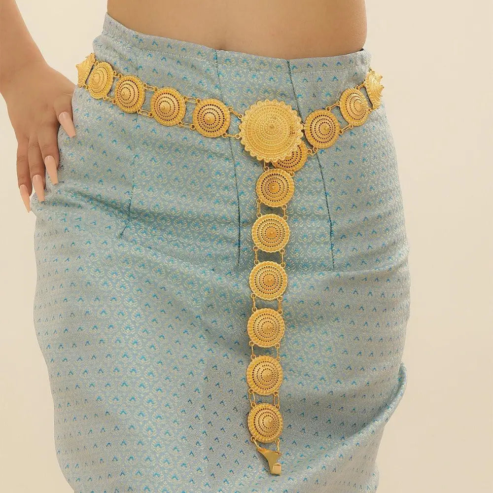 Gold circular-linked waist belt showcasing intricate Moroccan belt design and filigree medallions