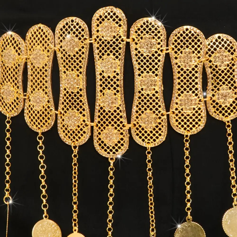 Elegant gold Moroccan belt with dangling chains and medallions for traditional style