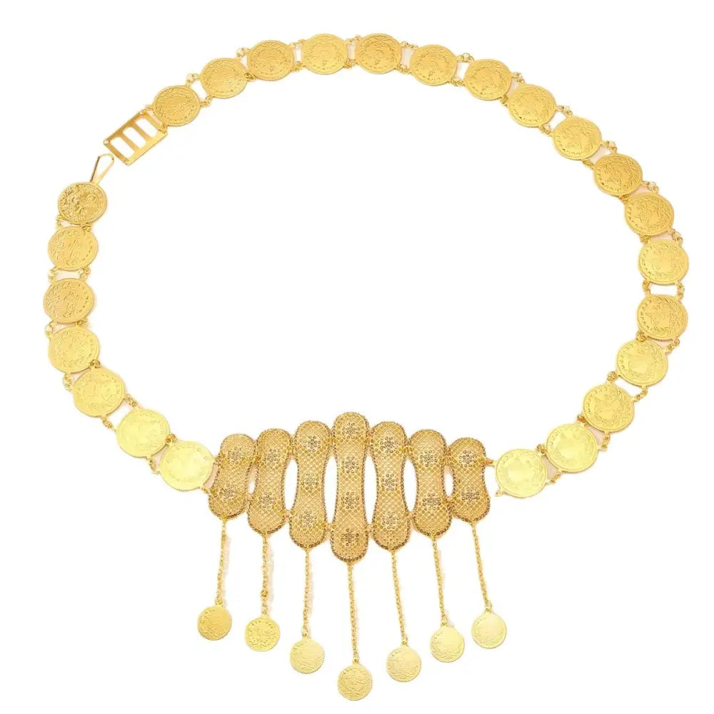 Gold Moroccan belt with dangling medallions and coin accents, perfect for elegant attire