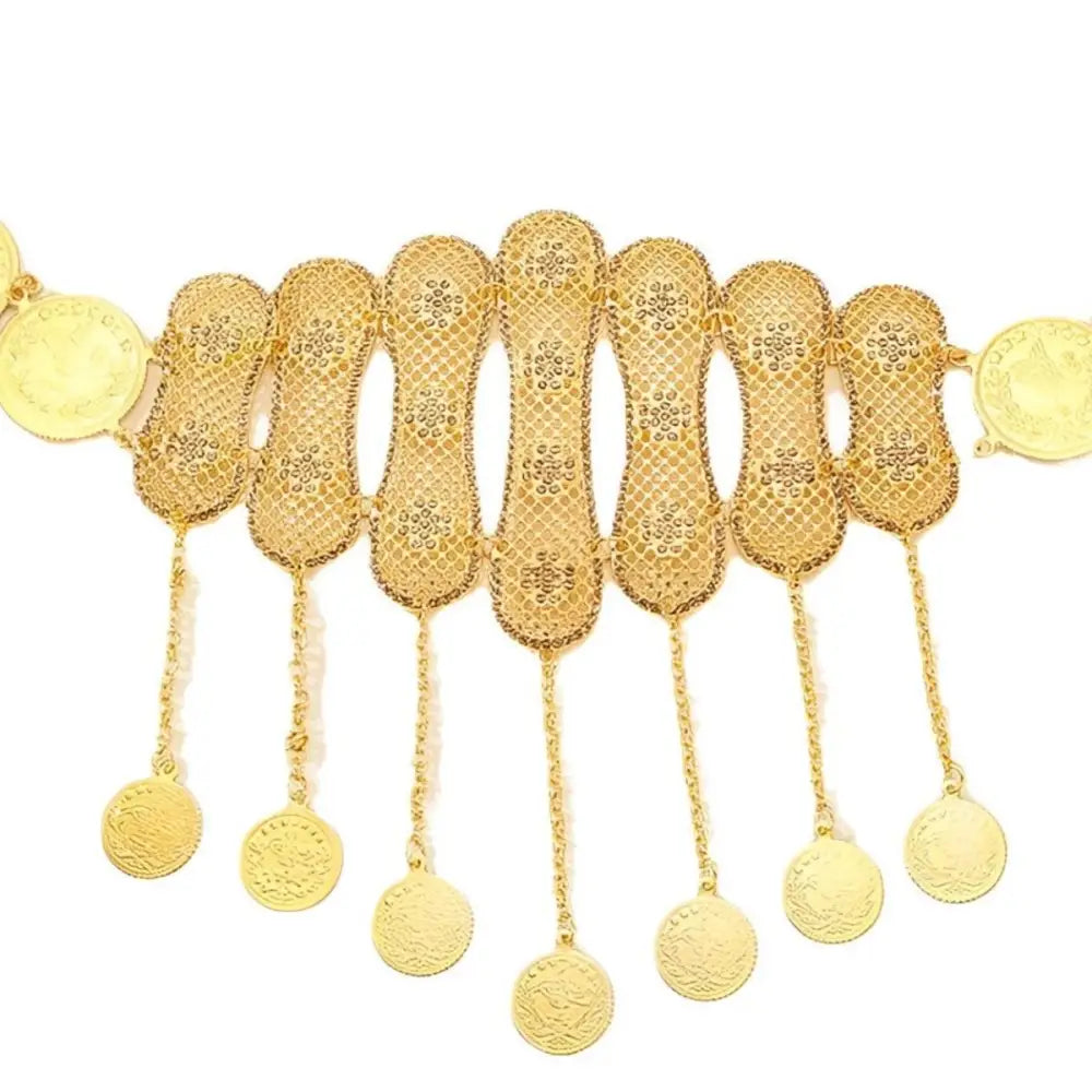 Gold coin belt with filigree links and dangling medallions, classic Moroccan belt style