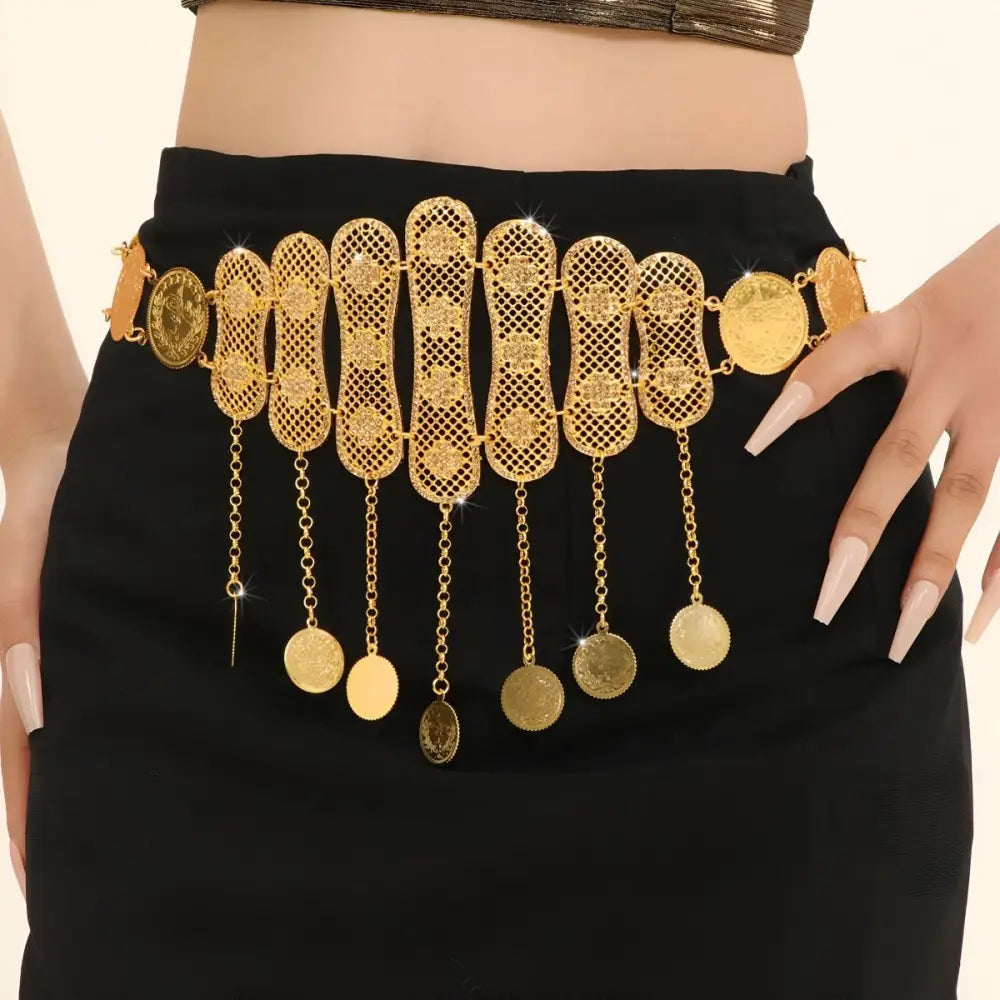 Gold coin belly chain from a Moroccan belt with dangling medallions and coin accents
