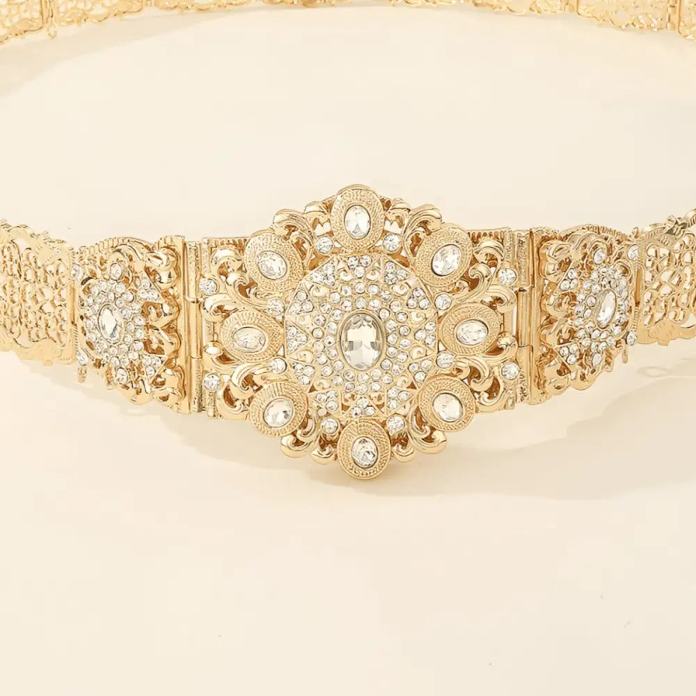 Gold-tone metal Moroccan belt with rhinestone embellishments for elegant fashion statements