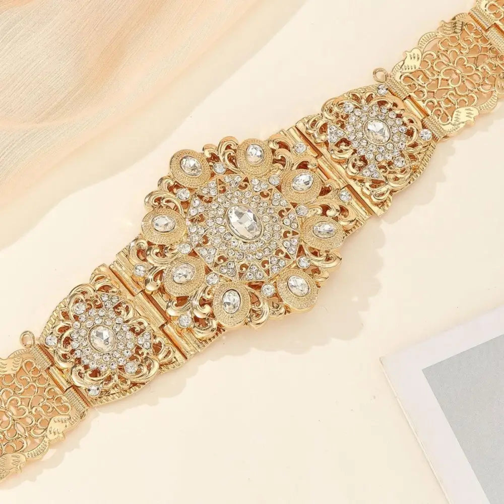Ornate gold-tone Moroccan belt with rhinestone embellishments for elegant fashion accessories