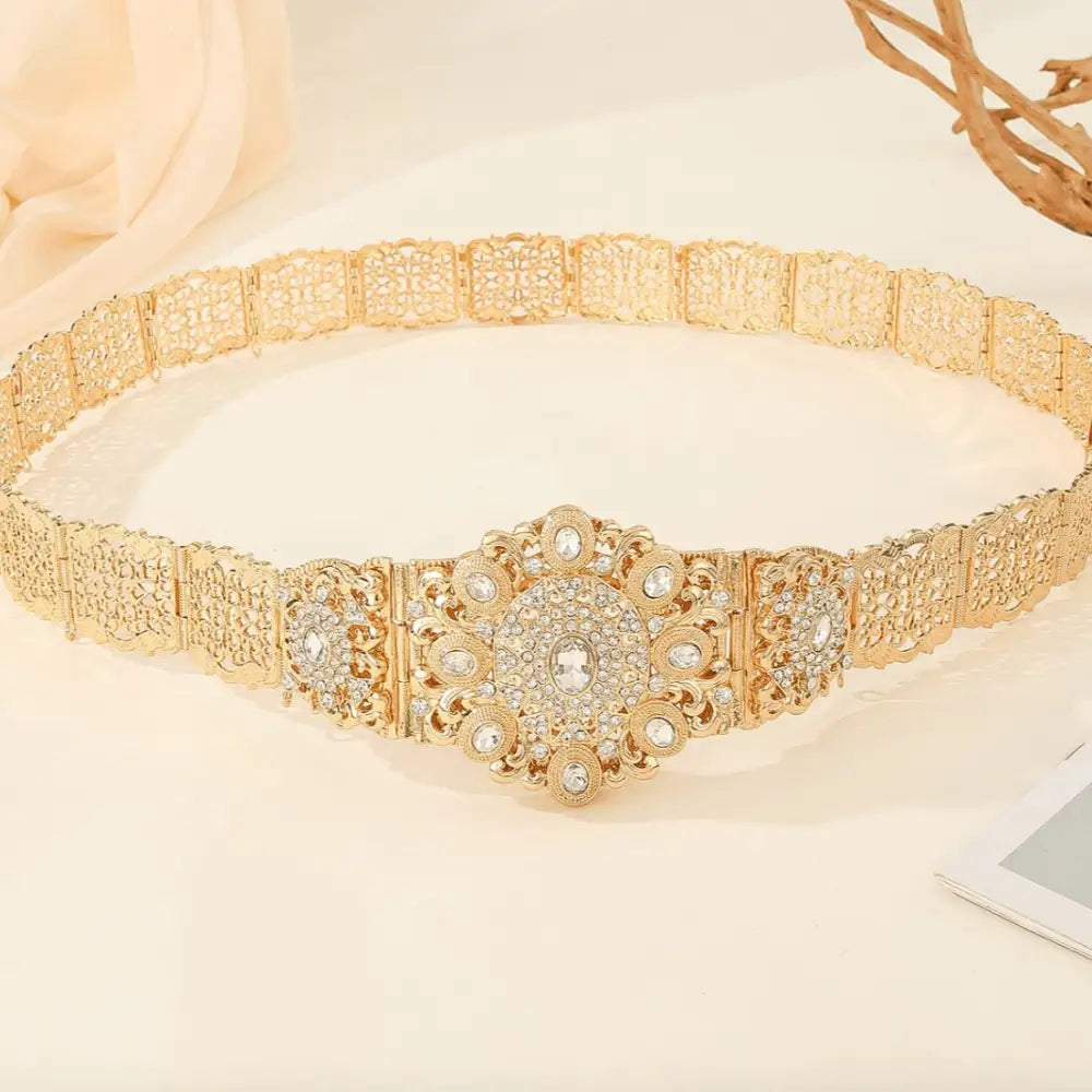 Gold Tahitian Moroccan belt with rhinestone embellishments showcasing elegant gold-tone metal craftsmanship