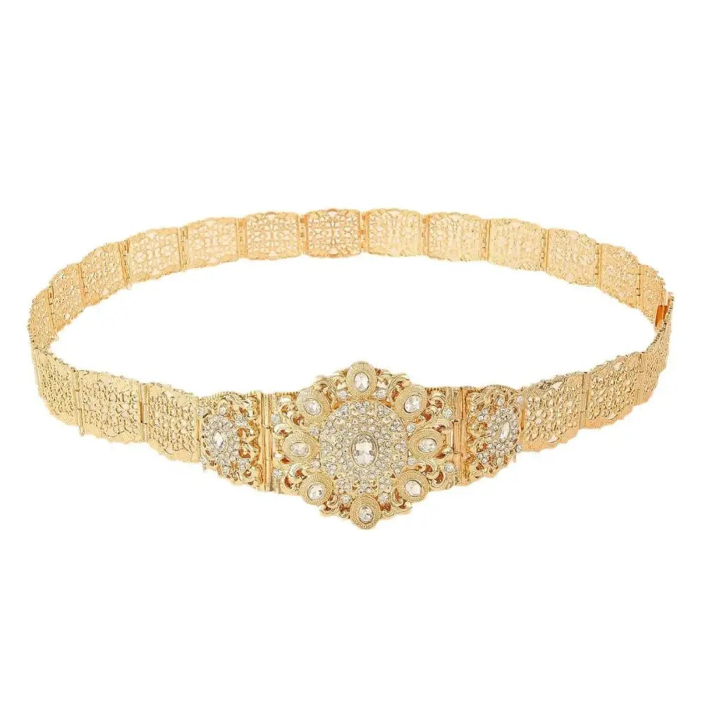 Gold Tahitian Moroccan Belt with Rhinestone Embellishments featuring a gold-tone metal design