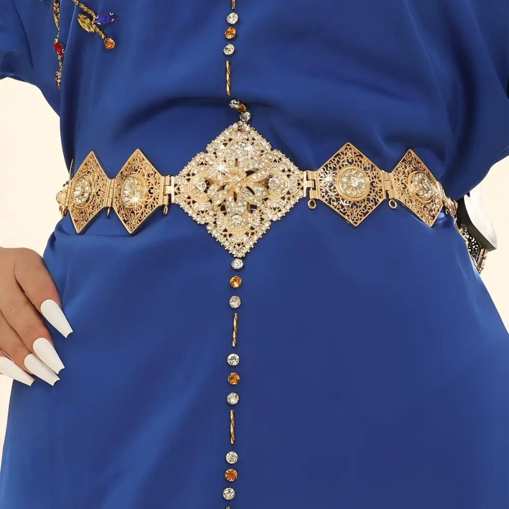 Ornate gold-tone Moroccan belt with diamond-shaped links and rhinestone embellishments