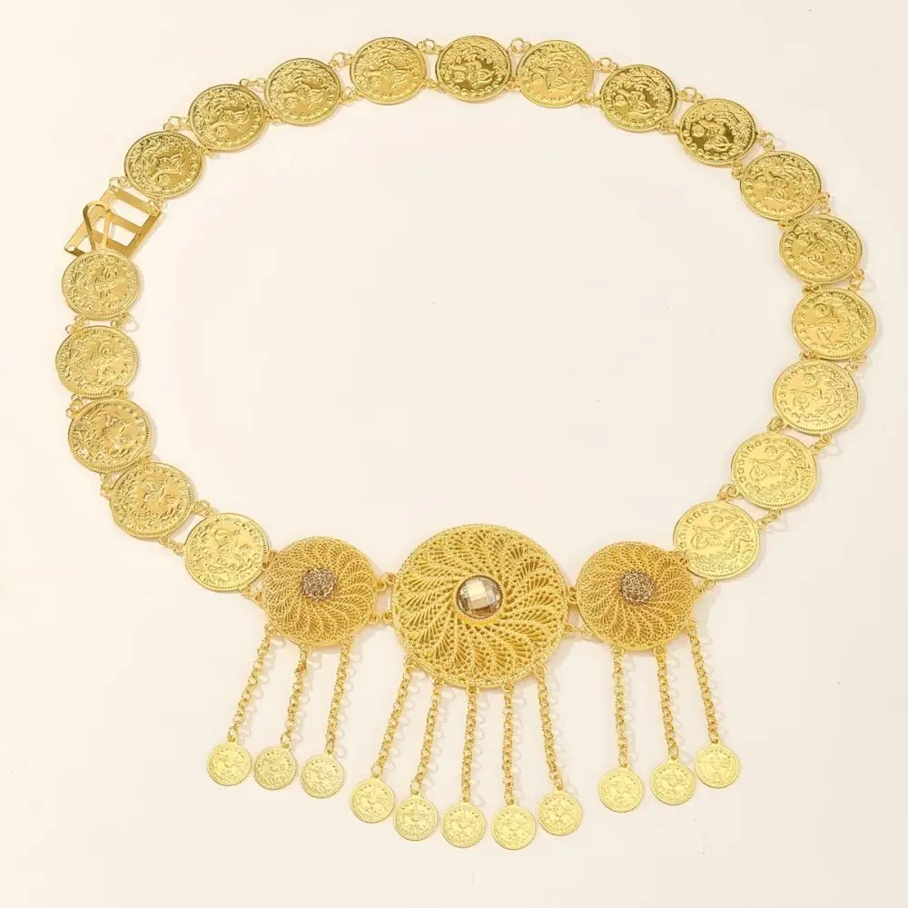 Gold-toned coin and filigree waist belt with dangling medallions for elegant accessories