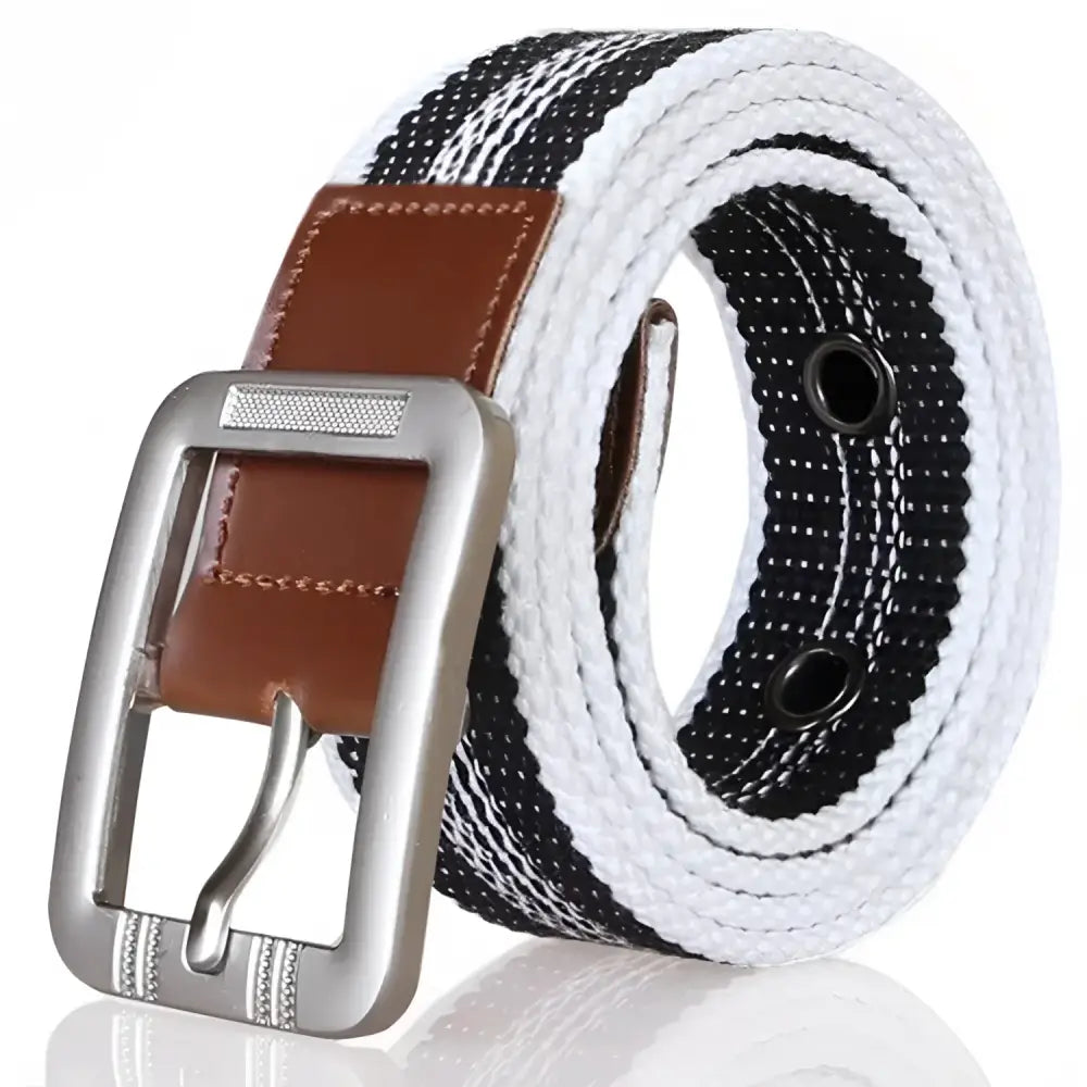 Gray and white striped canvas belt with silver buckle for casual and fashion wear
