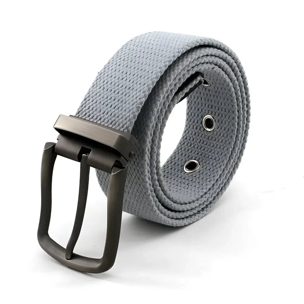 Gray Canvas Belt with Metal Buckle showcasing durable design and belt offers