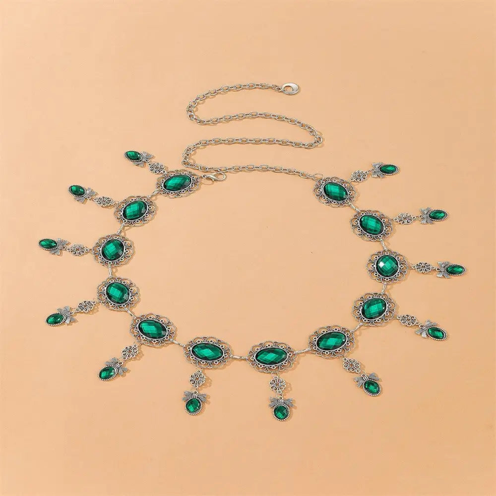 Silver chain belt with green gemstones, Moroccan belt for elegant blue dresses