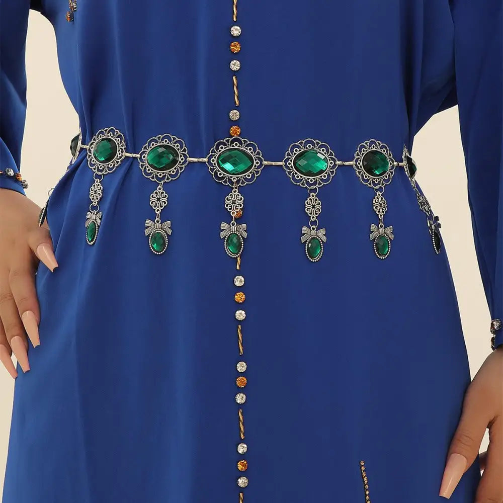 Blue dress with jeweled Belt featuring Green Gemstone Silver Filigree Moroccan Belt