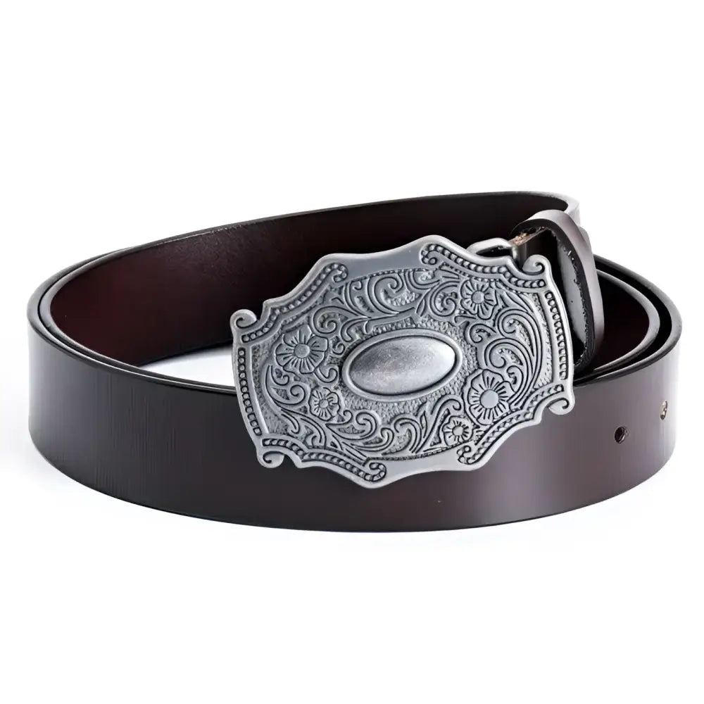 Heguir leather belt with ornate silver buckle for men and women, premium leather belt