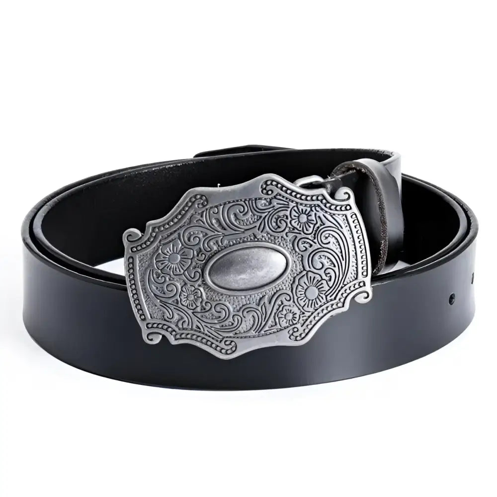 Heguir leather belt with ornate silver buckle showcasing craftsmanship and style