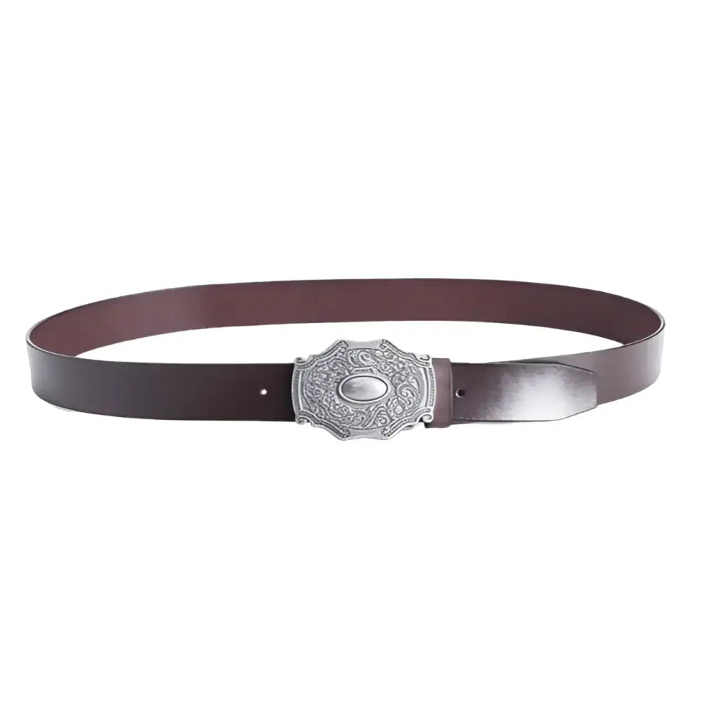 Heguir Leather Belt with Ornate Silver Buckle for Men and Women