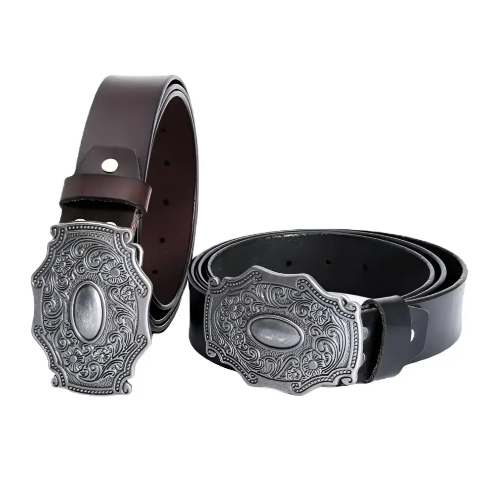 Heguir leather belt with ornate silver buckle for men and women showcasing craftsmanship