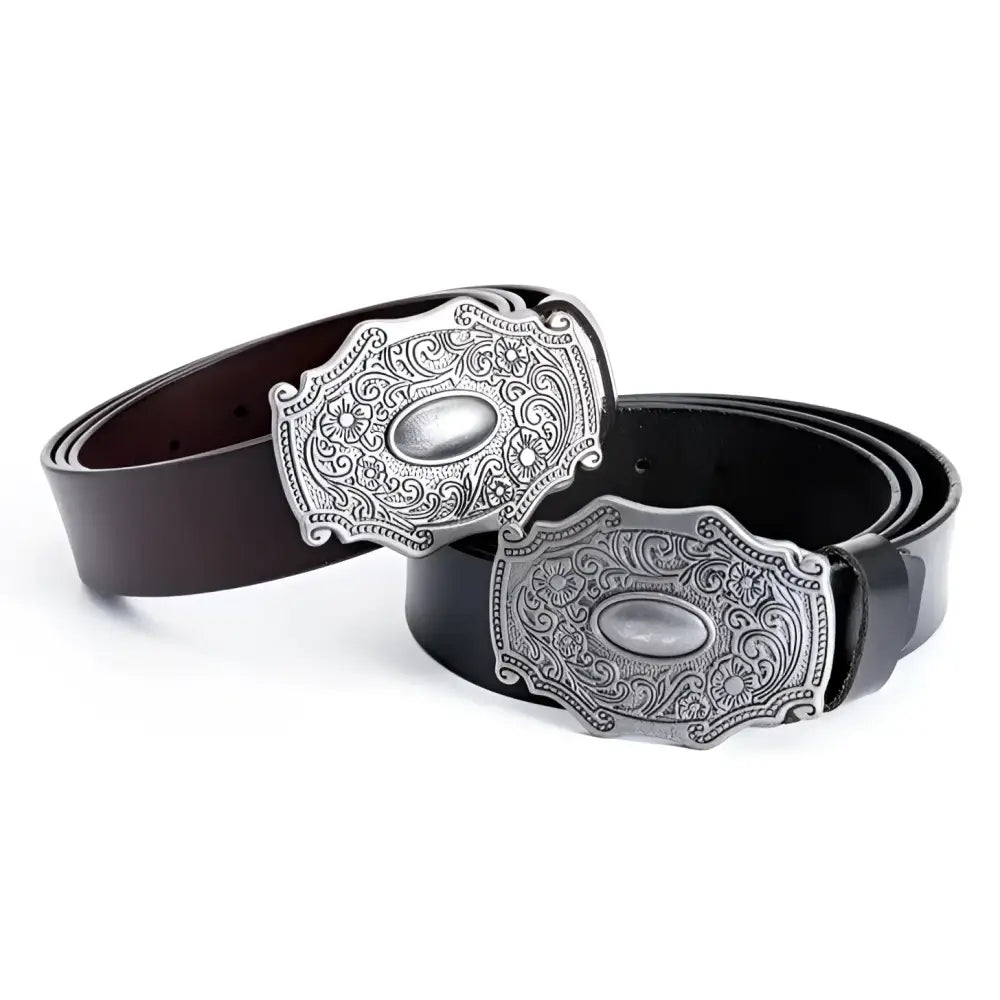 Heguir leather belt with ornate silver buckle for men and women showcase