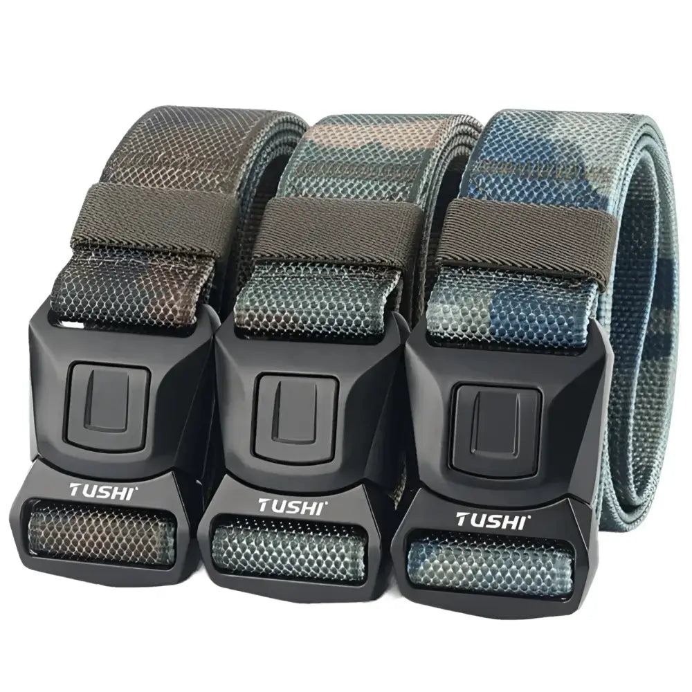 Three camouflage Helge Tactical Military Belts with black buckles for tactical use