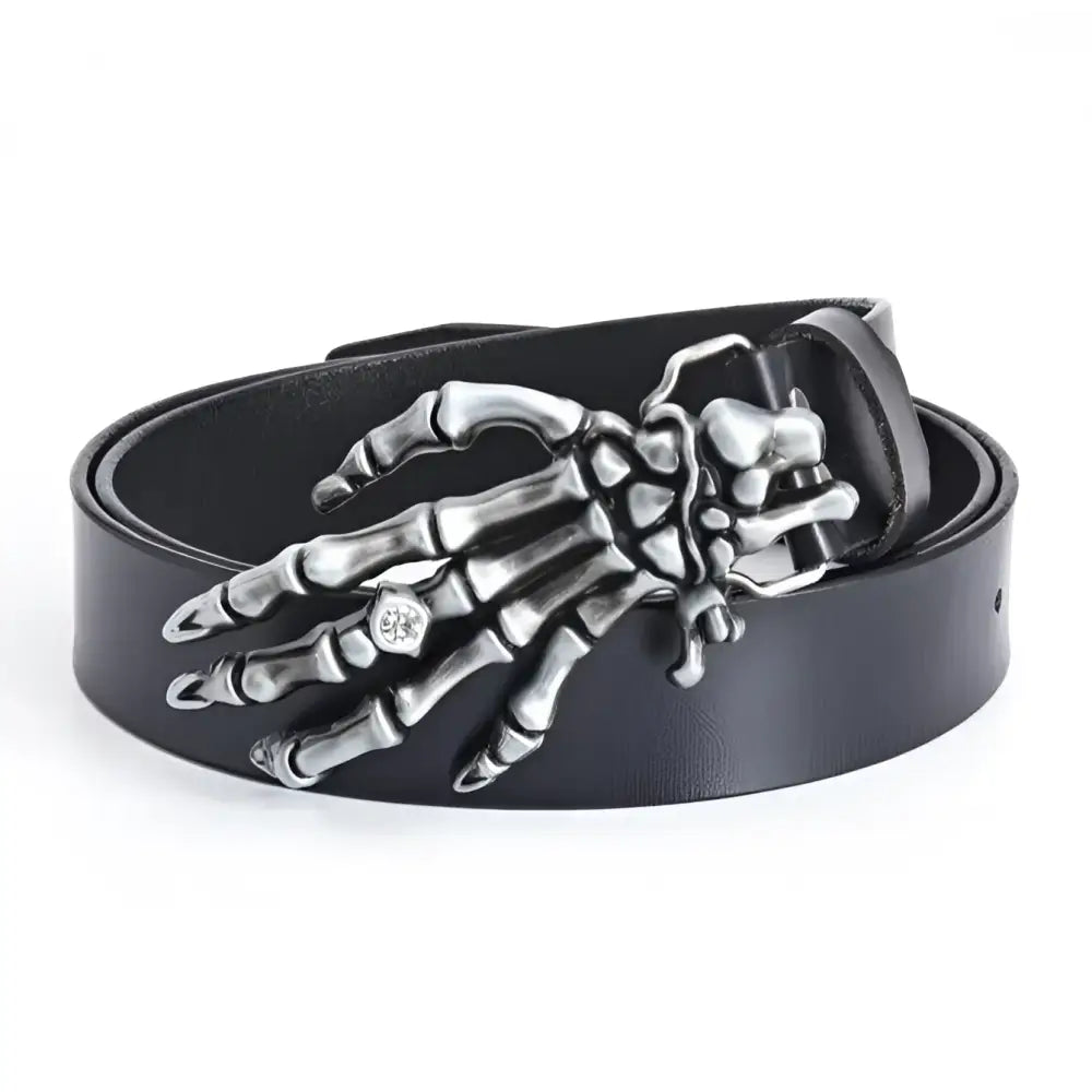 Black leather belt with skeleton hand buckle from Hellcollar Belt Set for gothic style