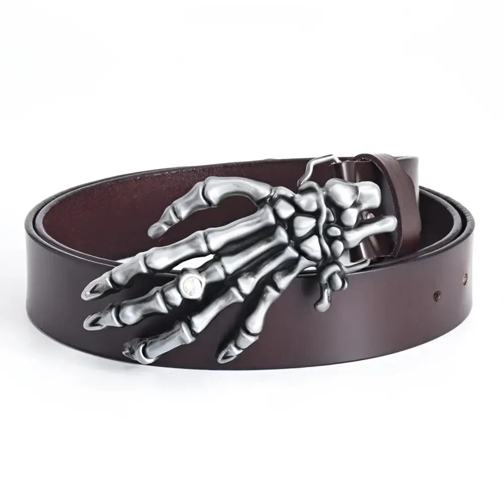 Brown leather hellcollar belt with silver skeleton hand buckle for stylish accessories