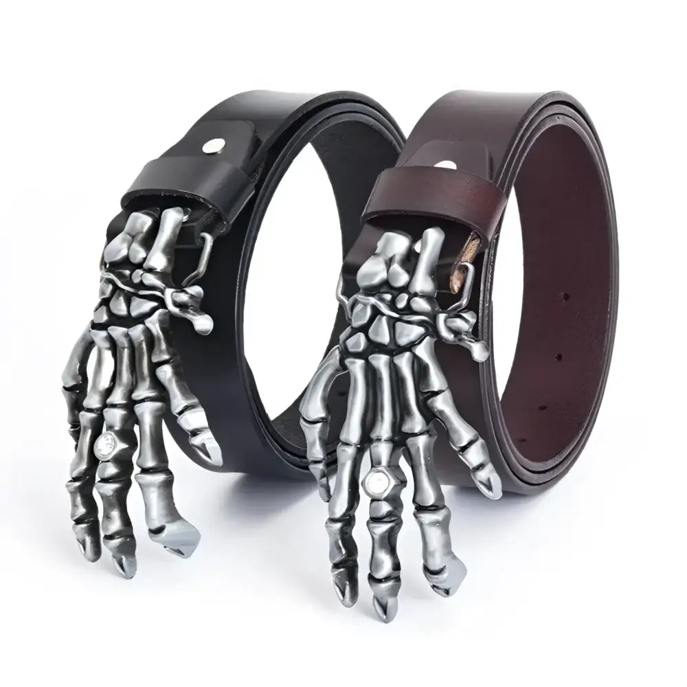 Hellcollar belt set featuring two leather belts with silver skeleton hand buckles