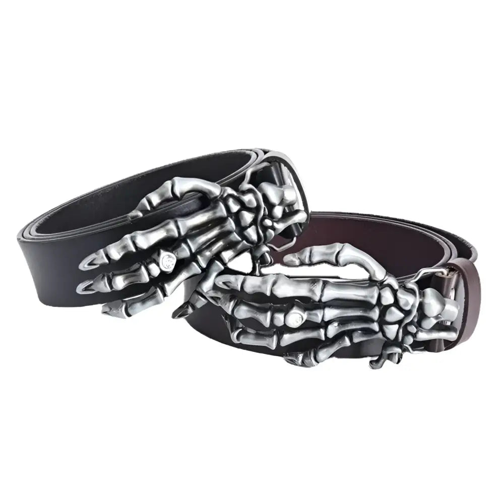 Hellcollar belt set featuring leather belts with silver skeleton hand buckles for stylish wear