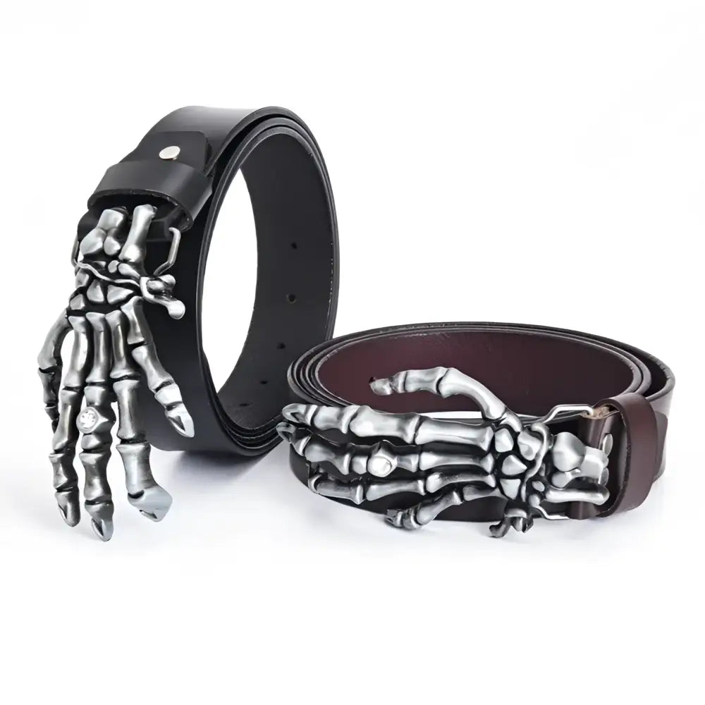 Hellcollar belt set with leather belts featuring silver skeleton hand buckles