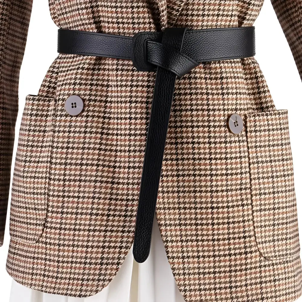 Houndstooth blazer with Thiphilia tie belt and black leather tie belt for an elegant look