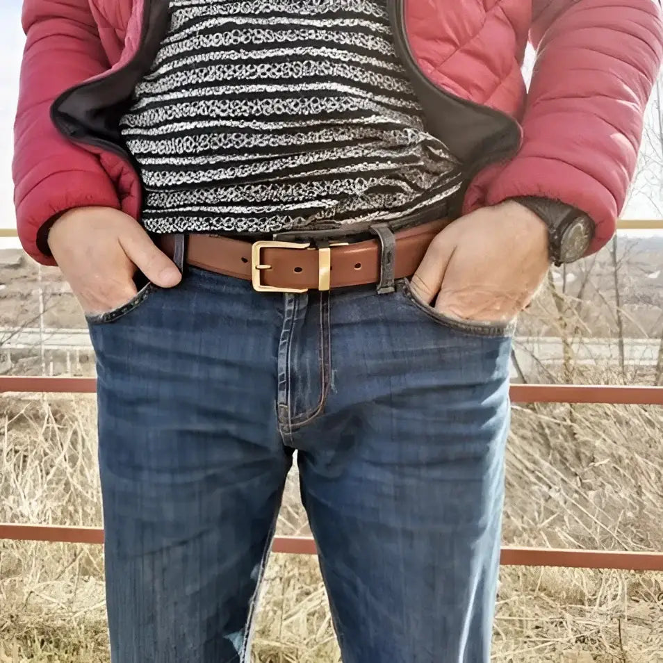 Brown leather belt with gold buckle from Isaac Men’s Reversible Leather Belt collection