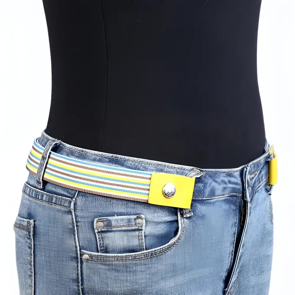 Striped elastic belt with yellow tabs featured in Jeans with the Araldo Belt with yellow fasteners