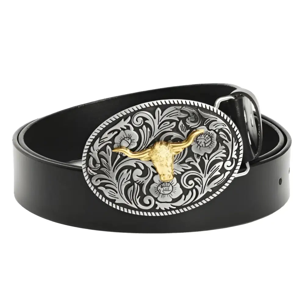 Kenan Leather Belt with Ornate Bull Buckle showcasing high-quality leather belt style