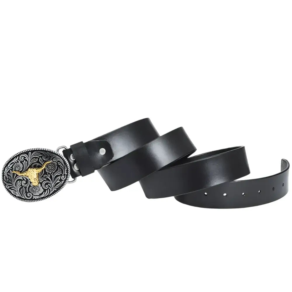 Kenan Leather Belt with Ornate Bull Buckle showcasing stylish leather belt accessories