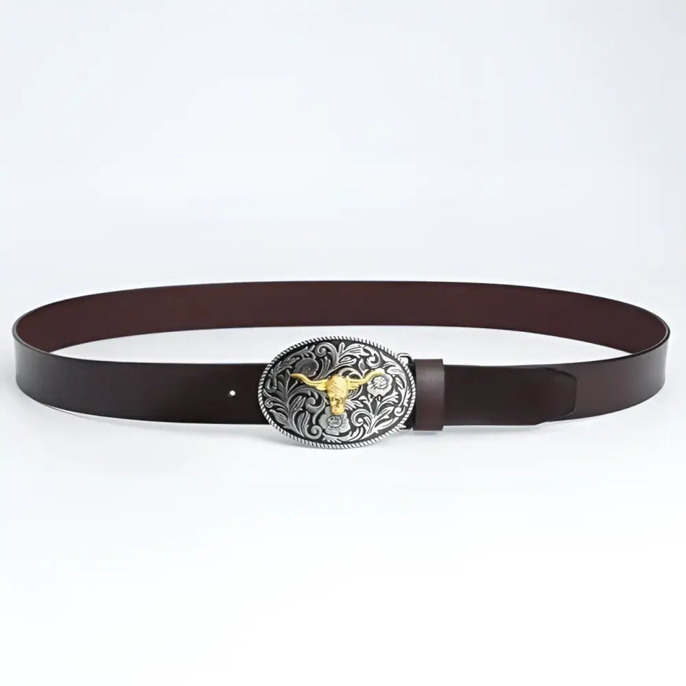 Kenan Leather Belt with Ornate Bull Buckle showcasing stylish leather belt design