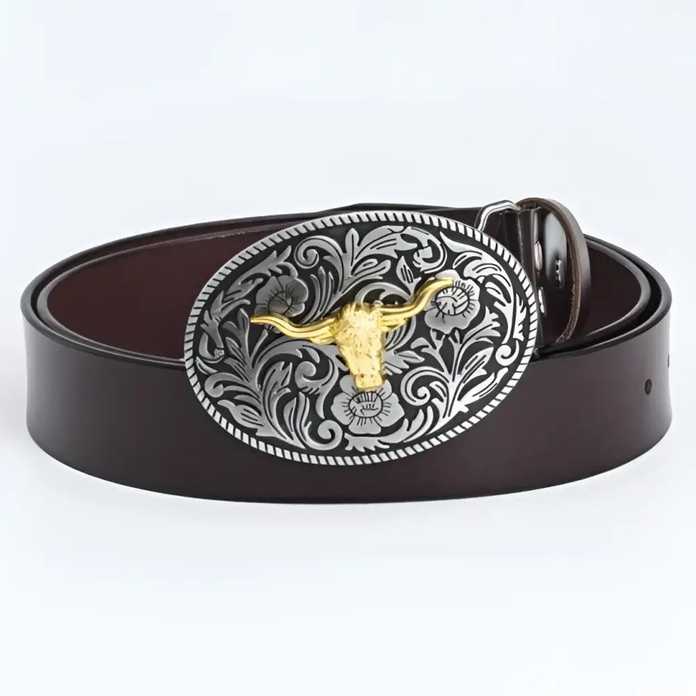 Brown Kenan Leather Belt with Ornate Bull Buckle for Stylish Wear