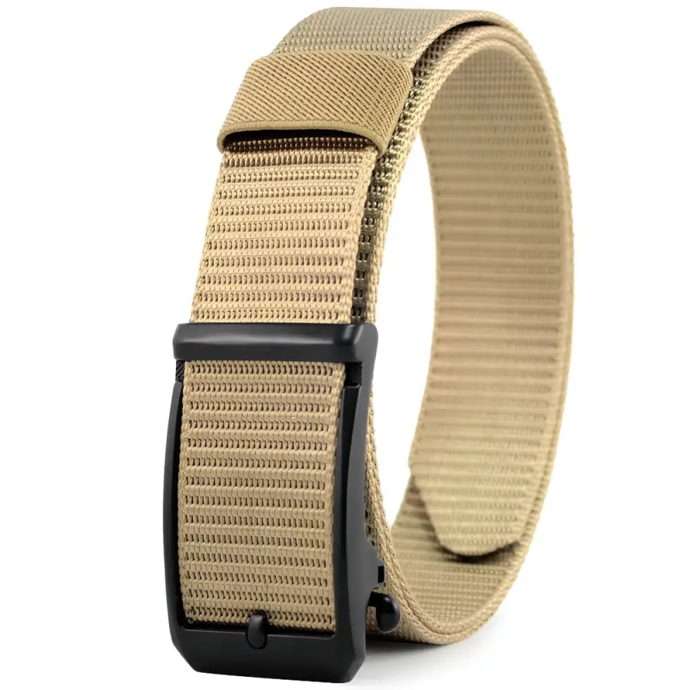 Tan woven belt with black metal buckle from Khaki Nylon Fabric Belt collection